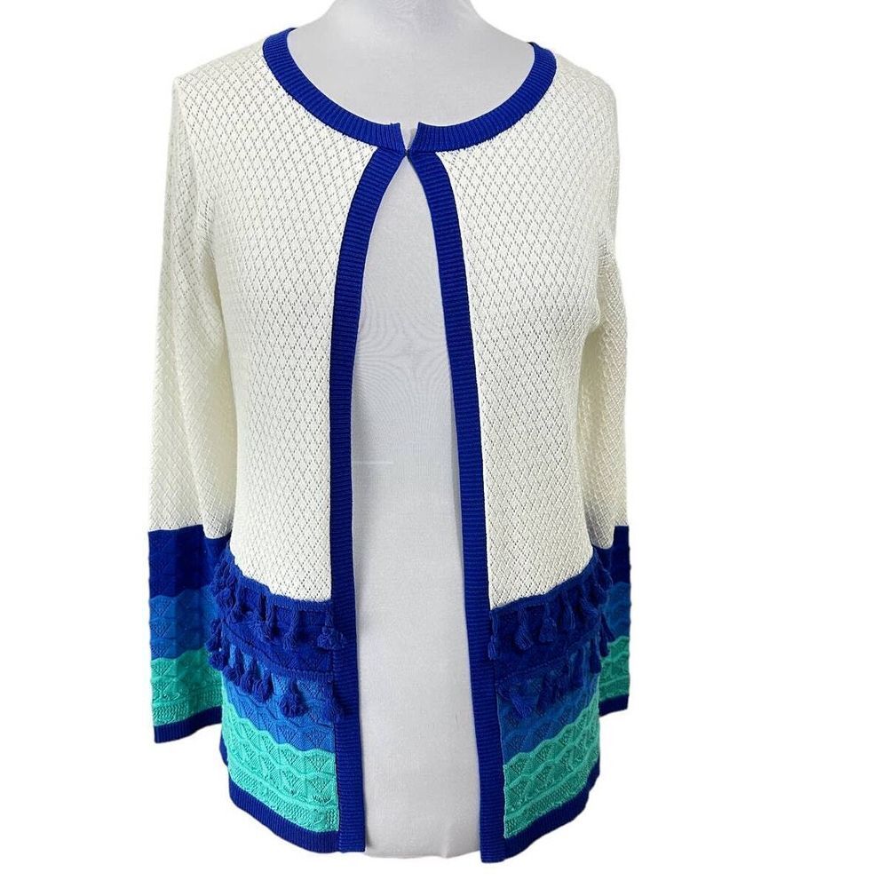 Cabana Cay Women's SZ M White, Blue‎ Accents Long Open Front Cardigan Sweater